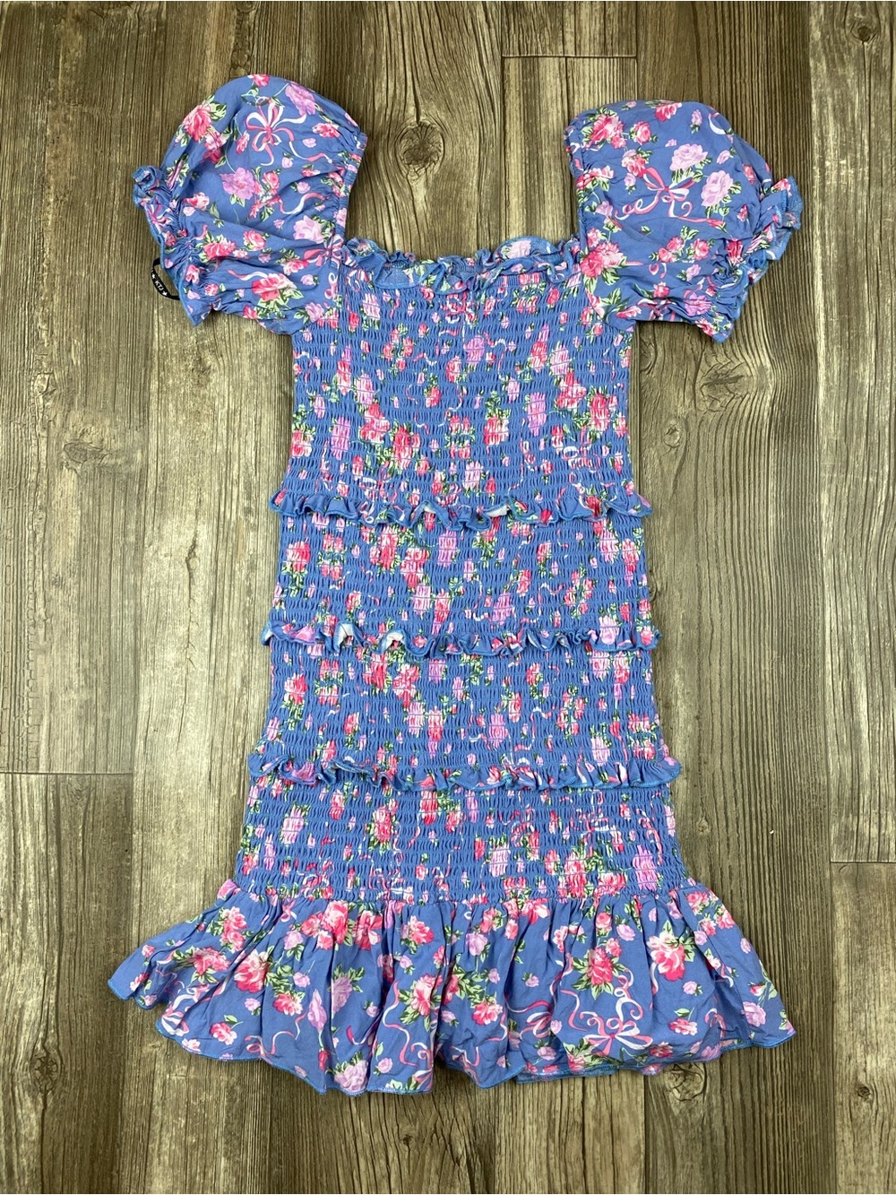 Katie J NYC Blue Floral Smocked Ruffle Dress
